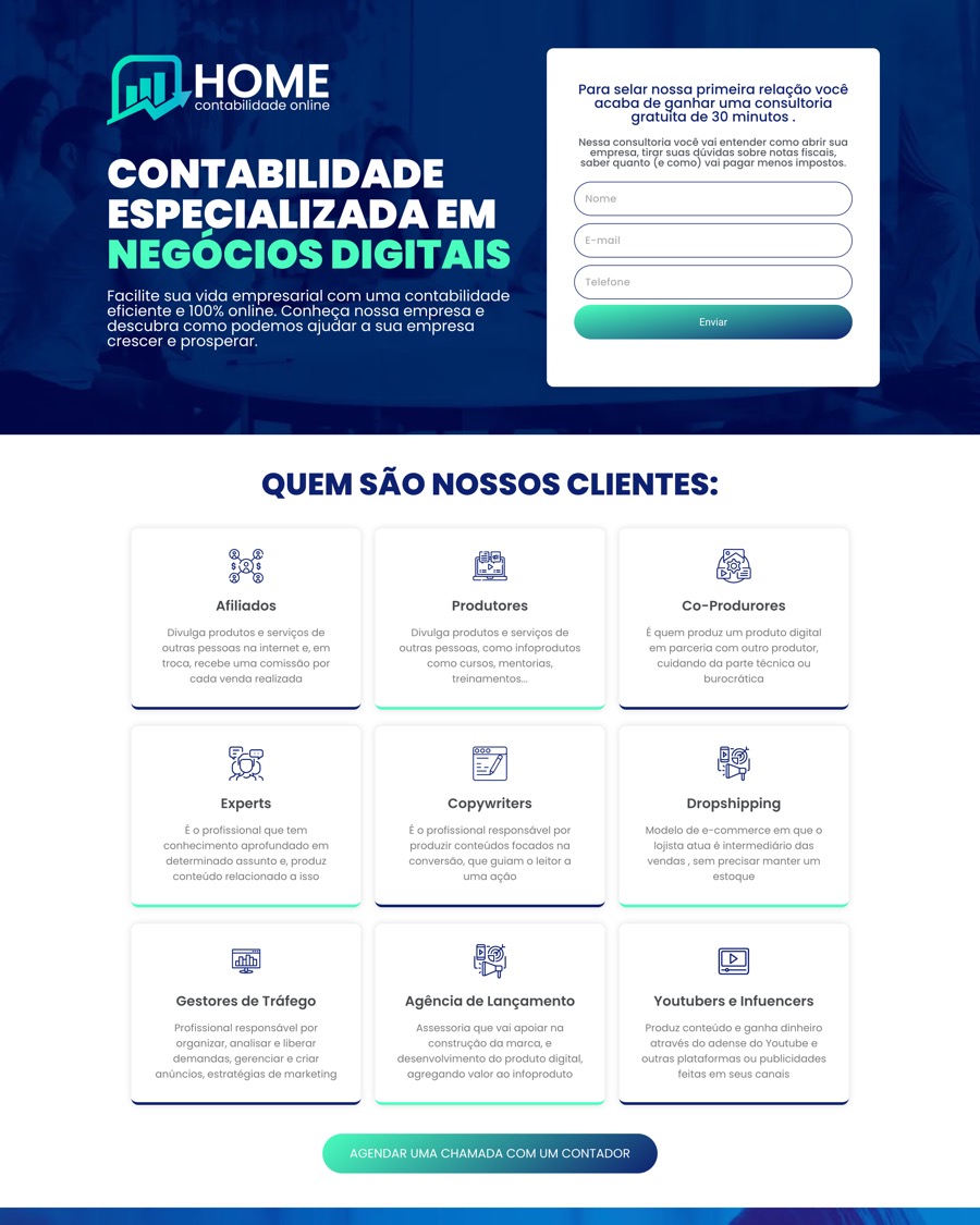 Modelo de landing page para escritório de contabilidade online com formulário de contato