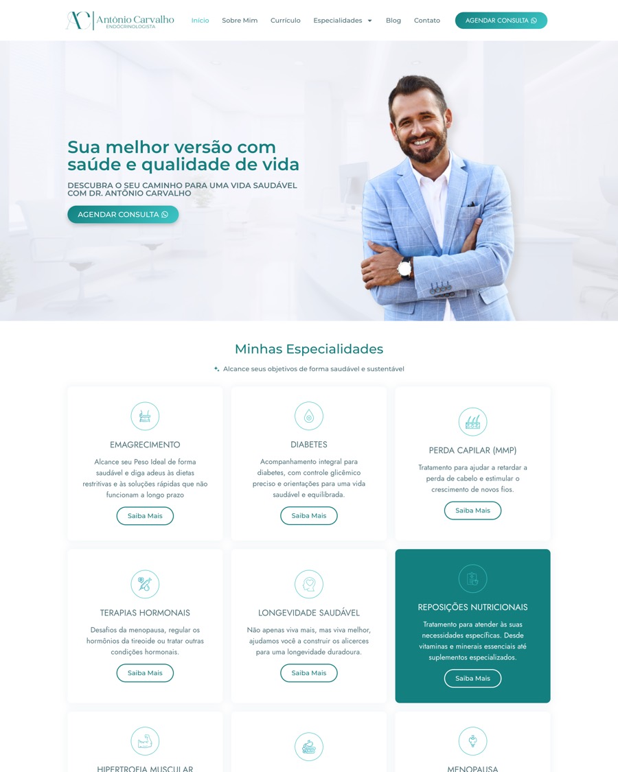 Modelo de site institucional para médico endocrinologista com lista de especialidades