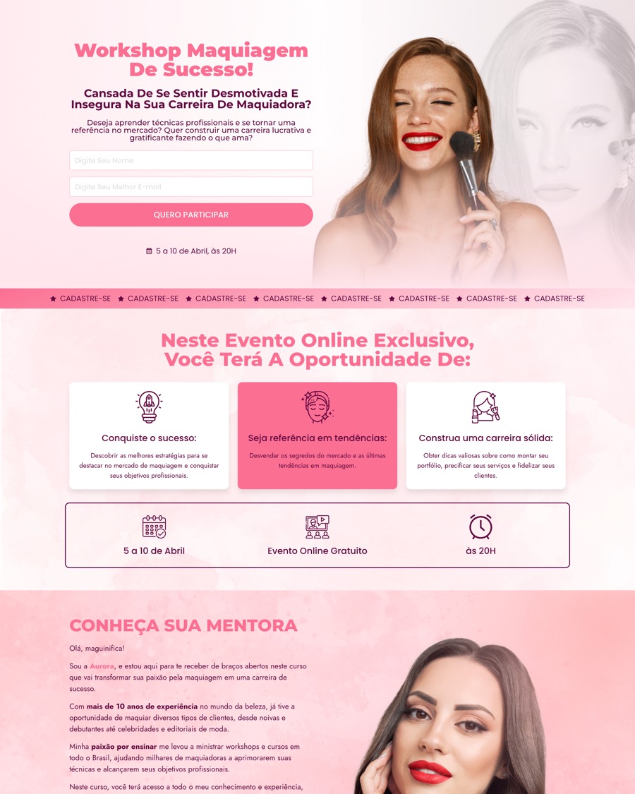 Modelo de landing page para workshop de maquiagem